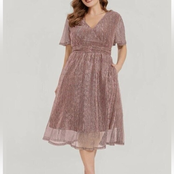 Bloomchic Plus Size Glitter Mesh Surplice Neck Ruffle Sleeve Pocket Midi Dress - Picture 1 of 6